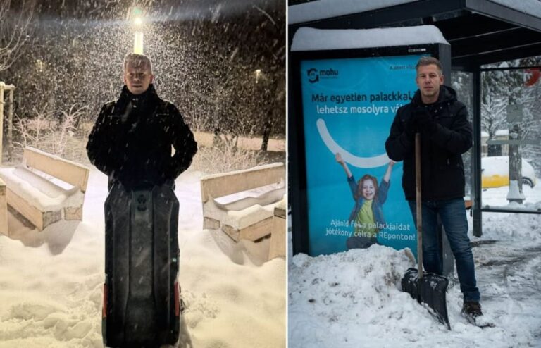 Magyar Péter éjjel szánkózott, reggel havat lapátolt egy buszmegállóban